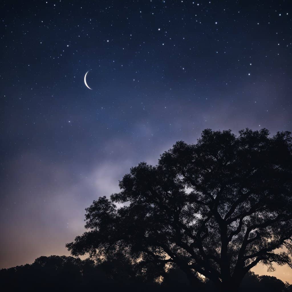 a tree and a crescent moon in the sky