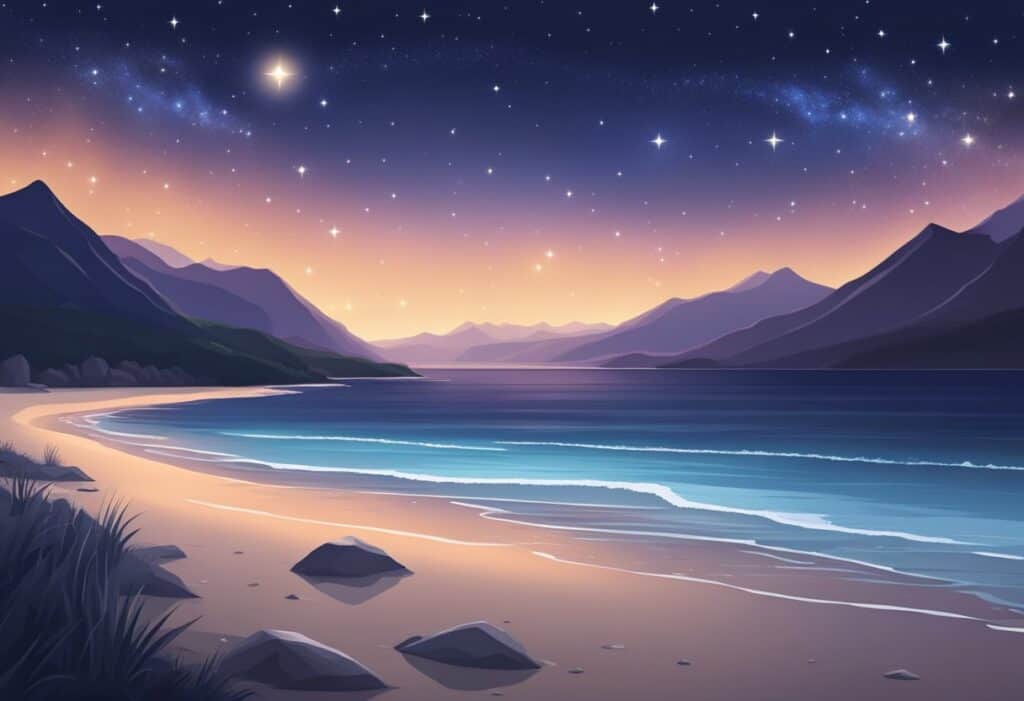 a beach with mountains and stars