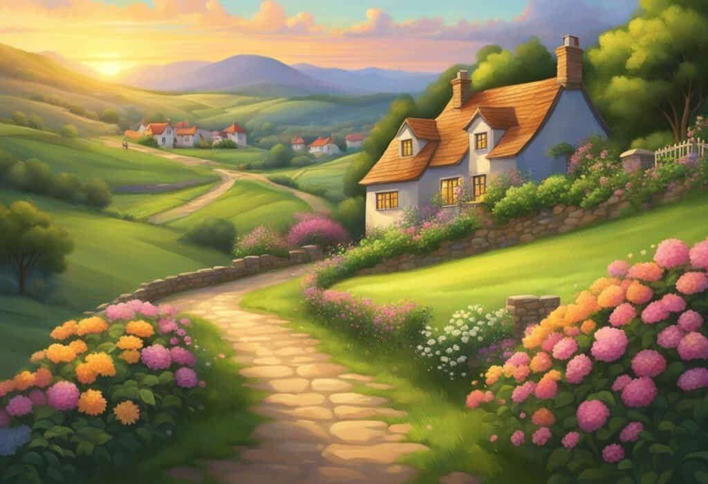 a house on a hill with flowers and a path