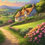 a house on a hill with flowers and a path