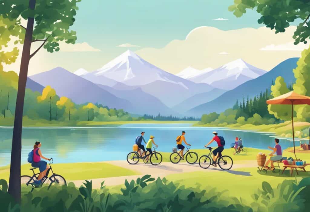 a group of people riding bicycles near a lake