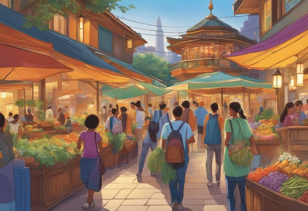 a group of people walking in a market