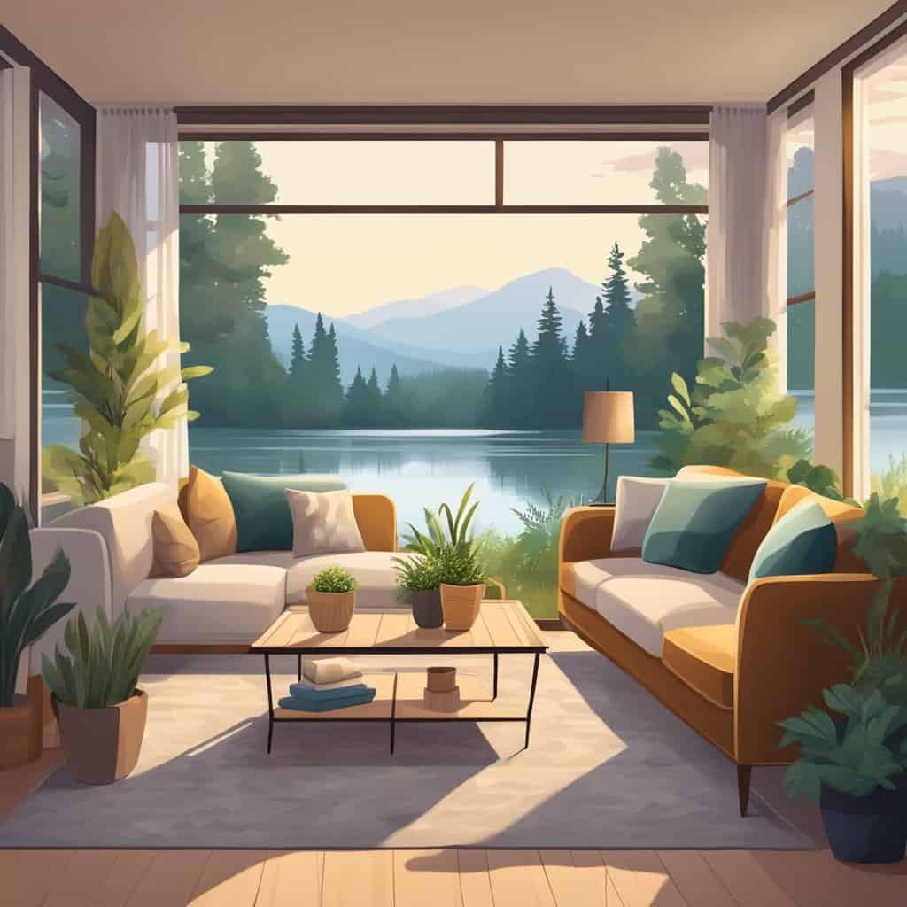 a living room with a view of a lake and trees