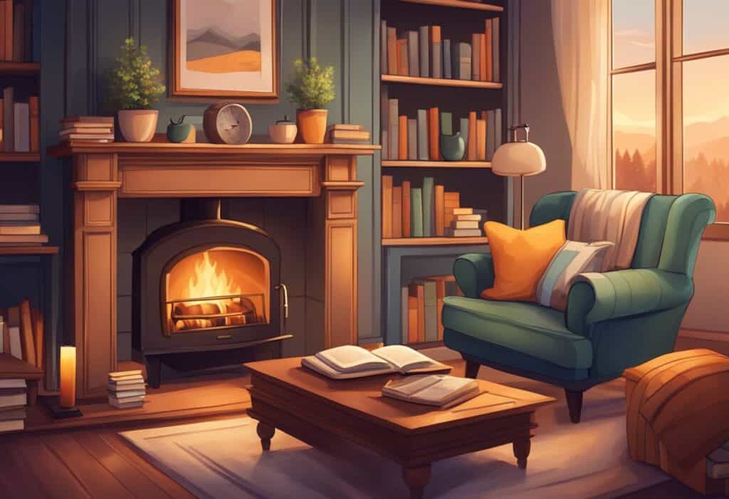 a living room with a fireplace and a chair