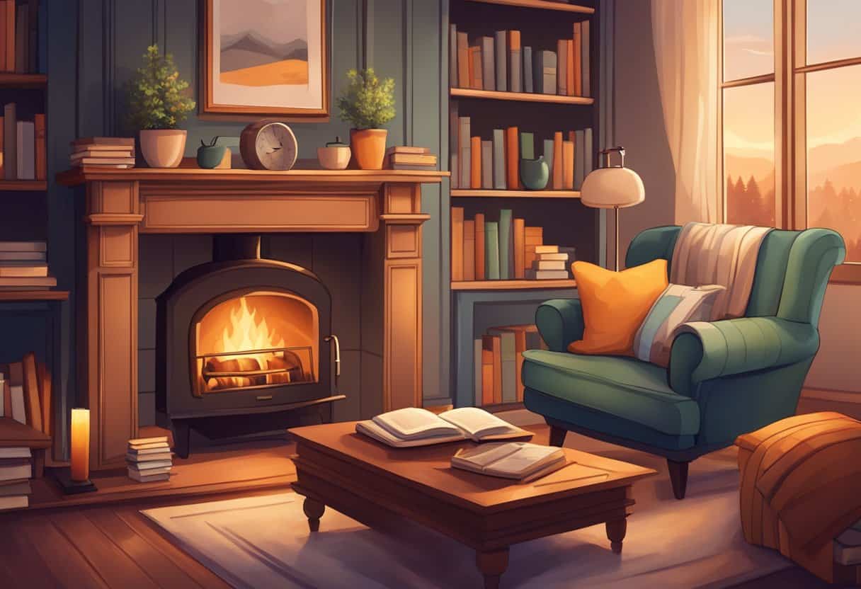 a living room with a fireplace and a chair