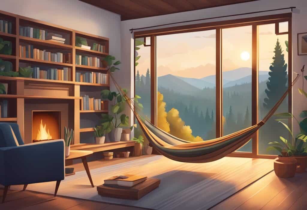 a hammock in a room with a fireplace and a couch