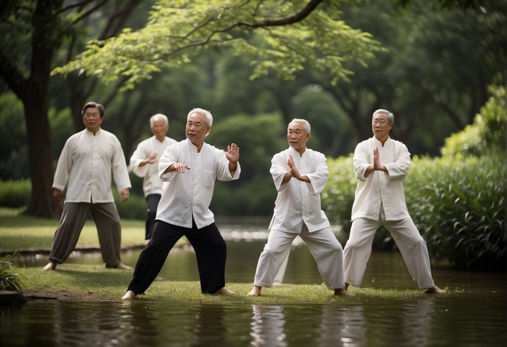 a group of men doing tai chi