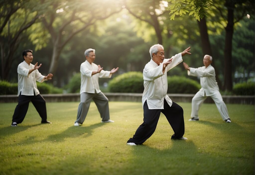 a group of people practicing tai chi