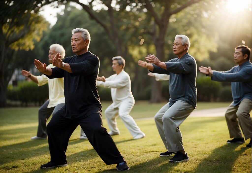 a group of people doing tai chi