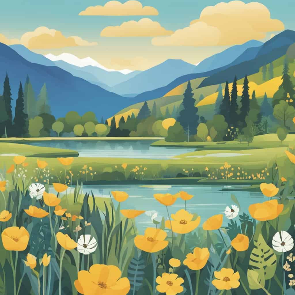 a landscape with yellow flowers and a lake