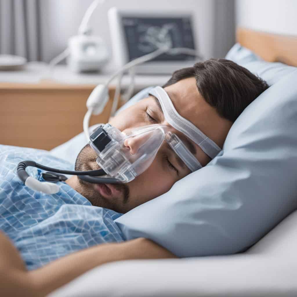 a man sleeping in a hospital bed with a mask