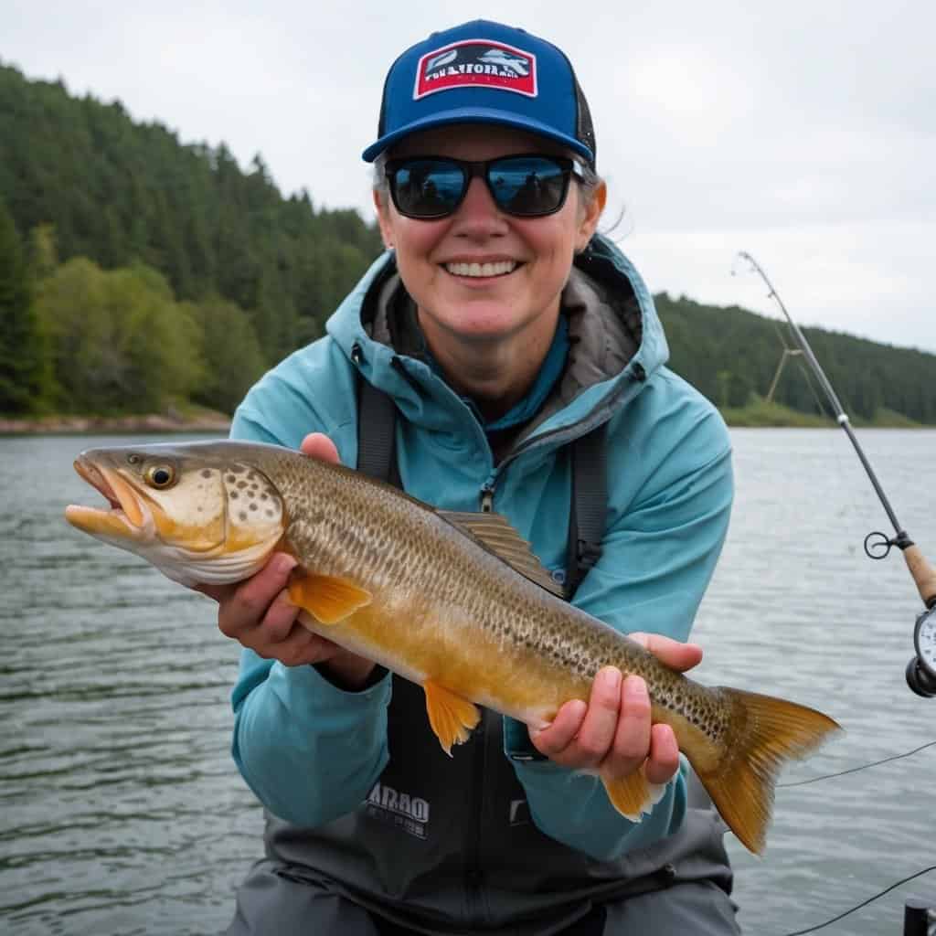 a woman holding a fish