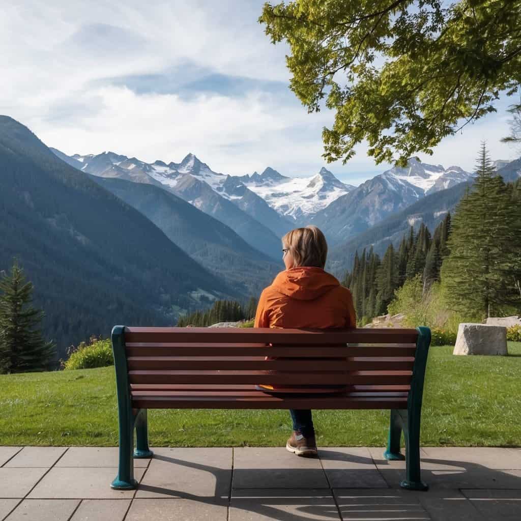 a woman sitting on a bench overlooking mountains