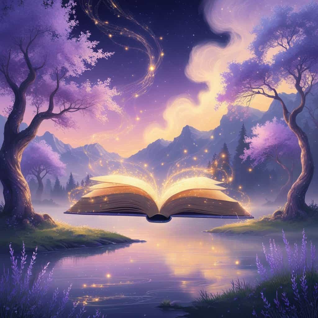 Magical fairy tale landscape with open book and glowing sparks in twilight forest scene.