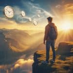 Man gazing at floating clocks