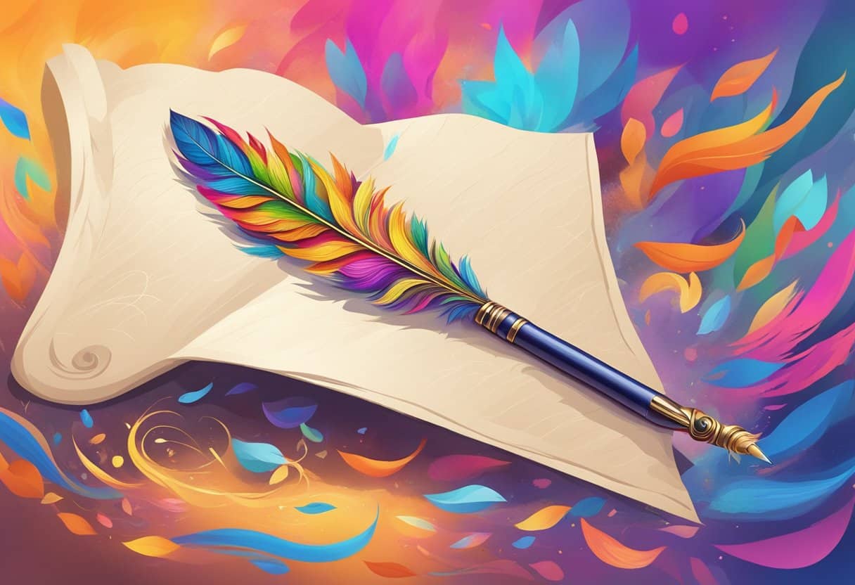 A lone quill pen, poised on a blank parchment, surrounded by vibrant bursts of color and swirling patterns