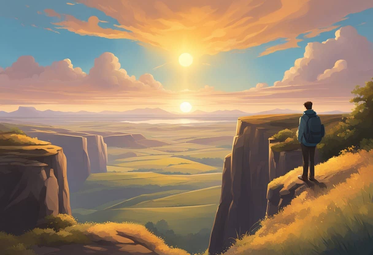 A lone figure stands on a cliff, facing a vast and open landscape. The sun sets in the distance, casting a warm and bold light over the scene