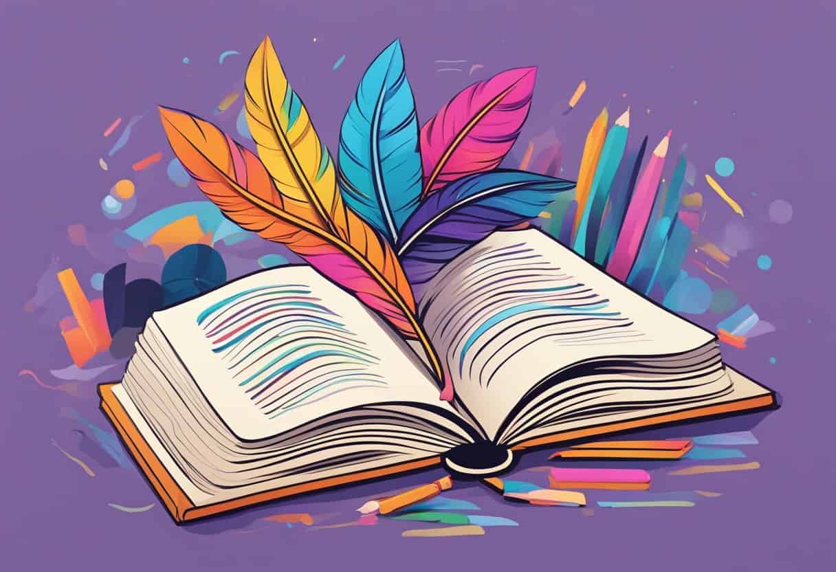 A quill pen poised above an open book, surrounded by vibrant colors and swirling lines, representing the bold and heartfelt writing process
