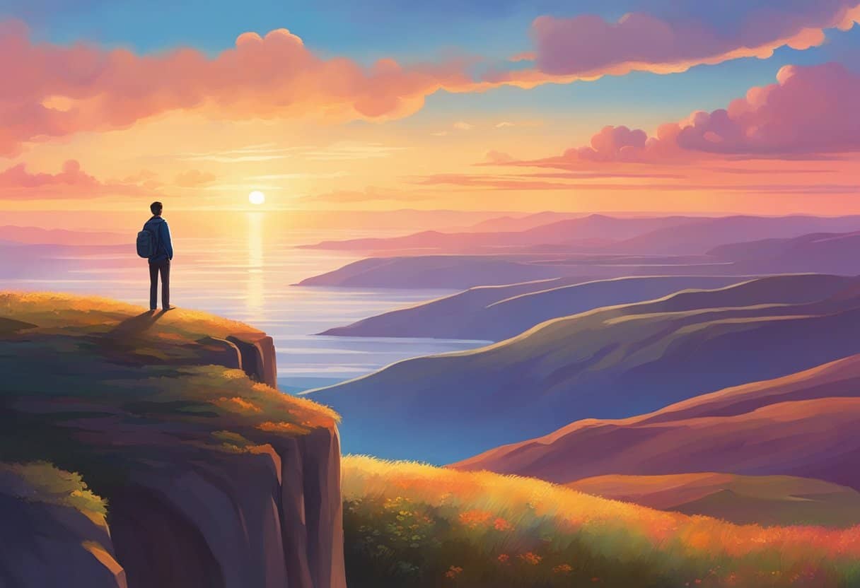 A lone figure stands on a cliff, gazing out at a vast, open landscape. The sky is filled with vibrant colors as the sun sets, casting a warm glow over the scene