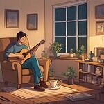 Person playing guitar in a cozy, well-lit living room at night.