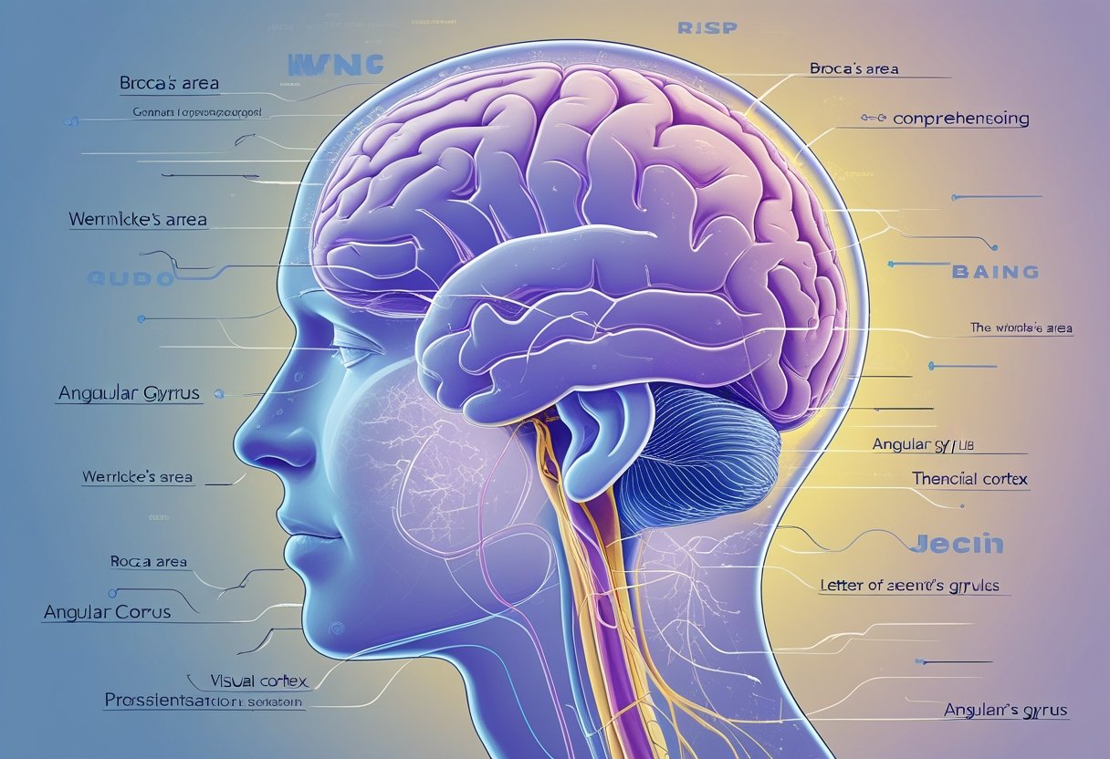A side view of a human head showing the brain with highlighted areas and neural pathways involved in reading, surrounded by abstract letters and words.