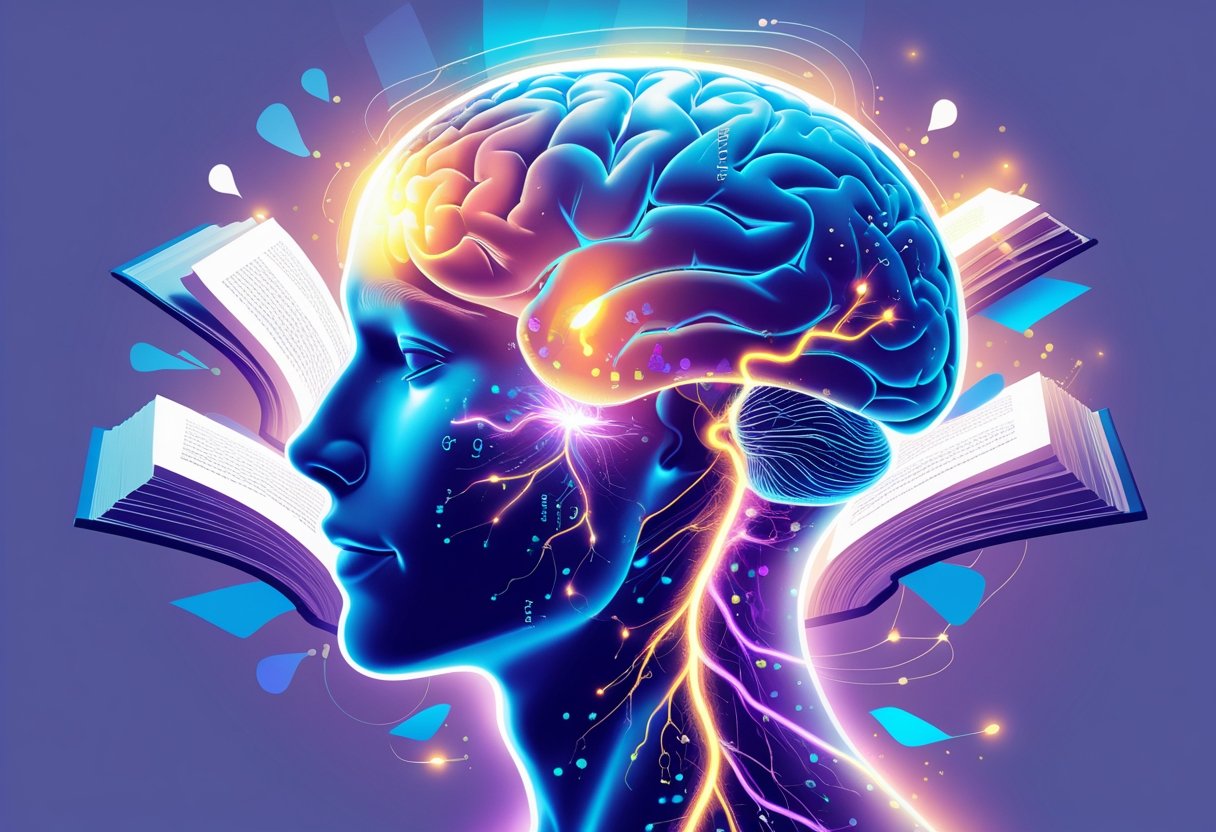 Profile of a human head with a visible brain connected to open books and glowing neural pathways representing the effects of reading on the brain.