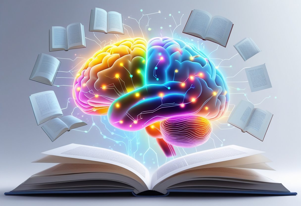 Illustration of a human brain with glowing neural connections surrounded by books and abstract patterns representing knowledge and imagination.