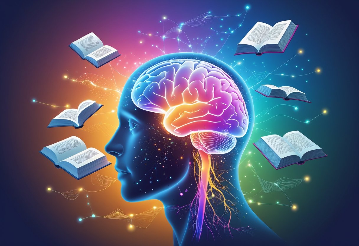 Profile of a human head showing a glowing brain with floating books and neural connections, symbolizing the effects of reading on the brain over a lifetime.