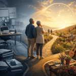 Elderly couple enjoying sunset walk in a park with a clock overlay.