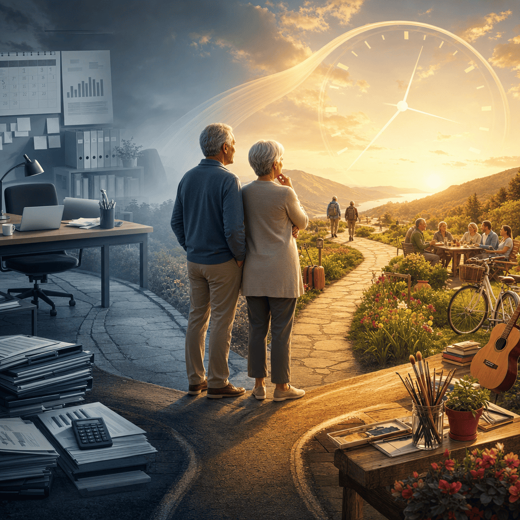 Elderly couple enjoying sunset walk in a park with a clock overlay.