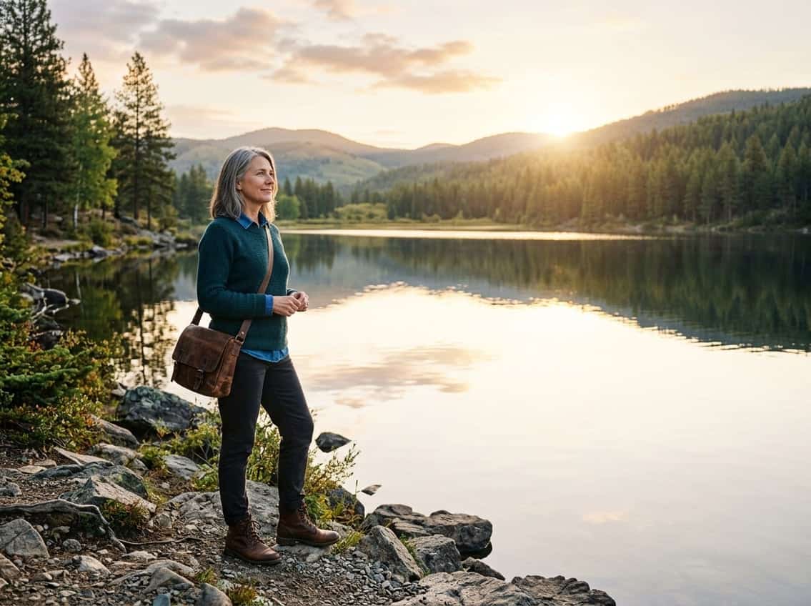 Woman enjoying peaceful moment by lake at sunset in nature.