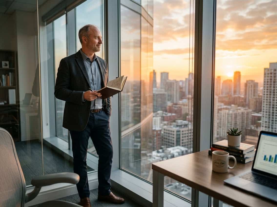 Businessman looking out window at sunset in modern office.