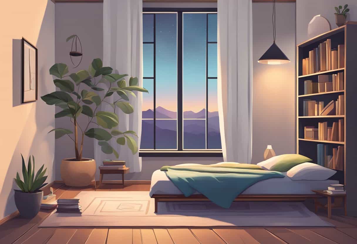 Serene bedroom scene with large window overlooking mountains at sunset.