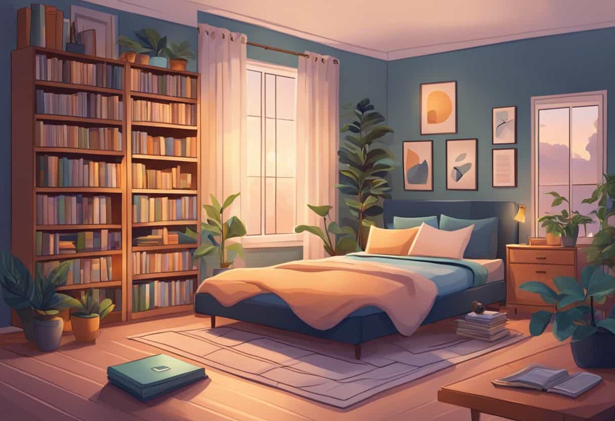 Comfortable bedroom with bookshelves, plants, and sunset light.