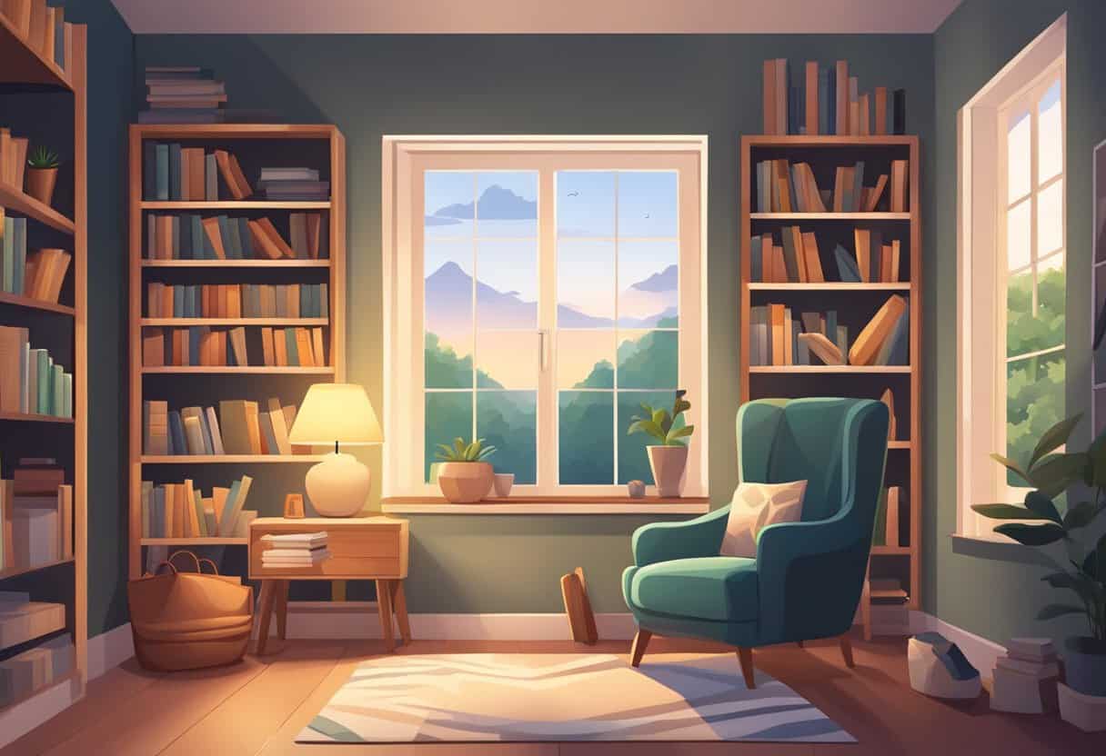 Comfortable reading corner with armchair and bookshelves by window.