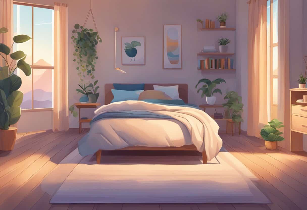 Bright bedroom with large windows, plants, and calming decor for restful sleep.